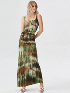 Tie Dye Square Neck Ruched Maxi Dress
