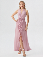 Deep V Ruffle Trim High Slit Party Gown